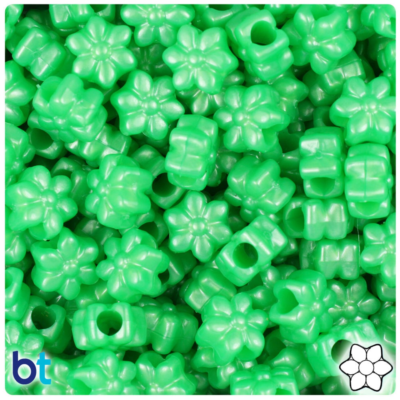 BeadTin Bright Green Pearl 13mm Flower Plastic Pony Beads (250pcs)